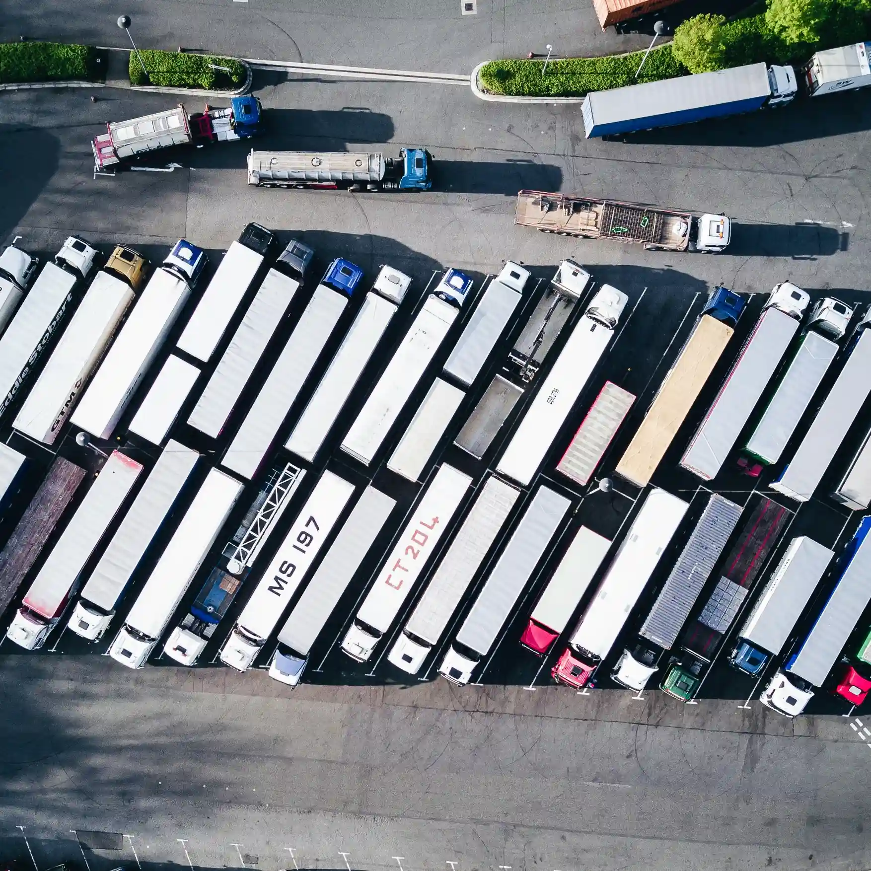 Aerial view of freight depot with trucks